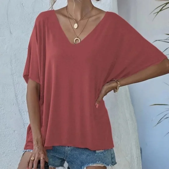 Solid V neck Oversized Top - Picture 3 of 12